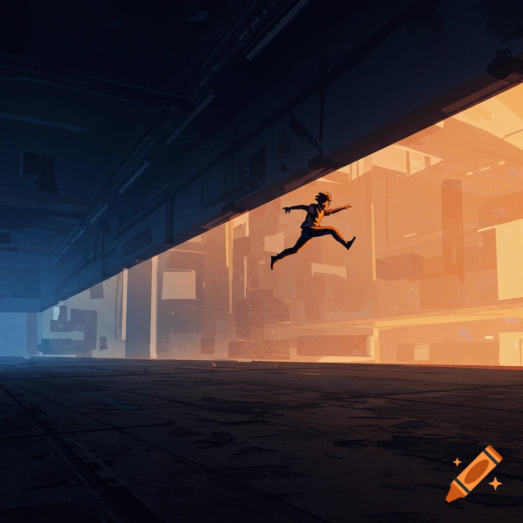 A stylized figure jumps across a gap in a dark corridor towards a bright orange opening.