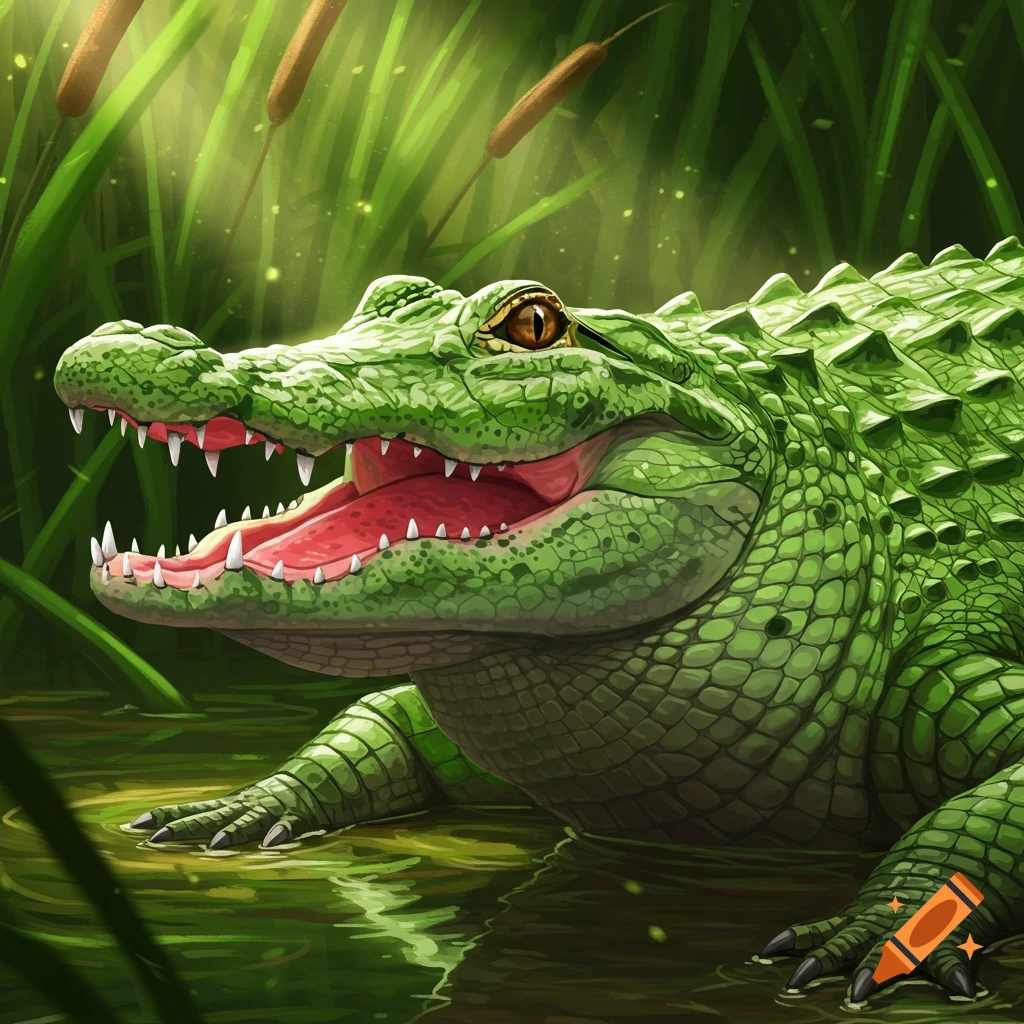 A green alligator with its mouth open in a swamp