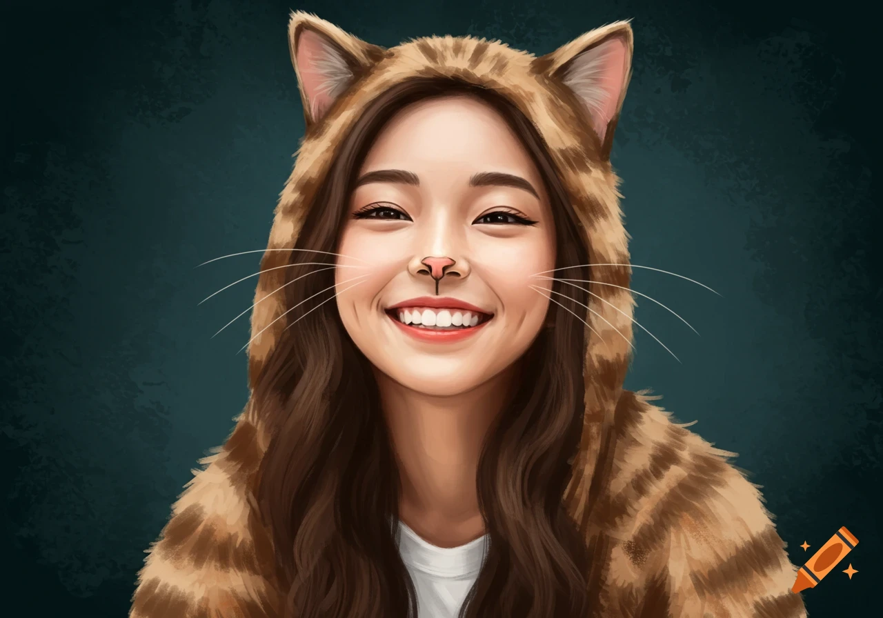Smiling woman wearing a cat hoodie with drawn whiskers
