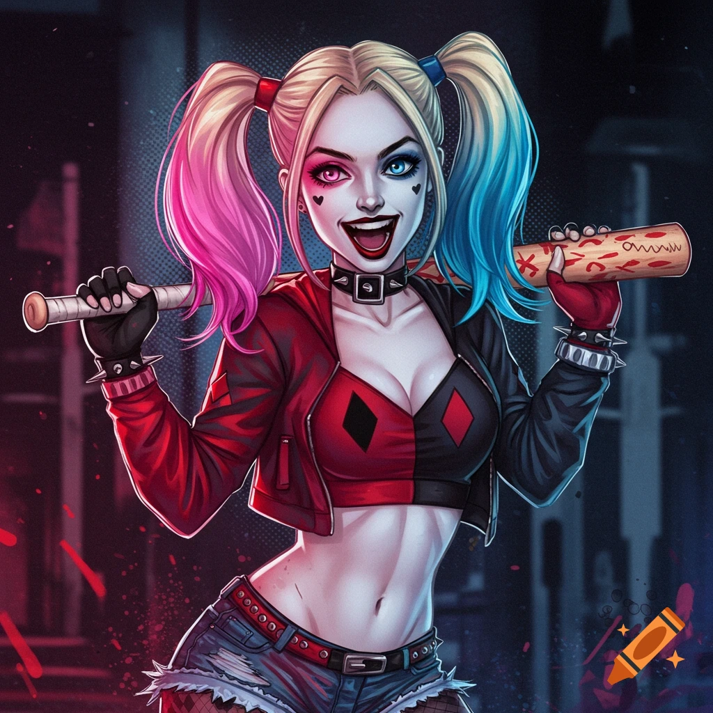 A woman resembling Harley Quinn with pink and blue pigtails holding a baseball bat and smiling.