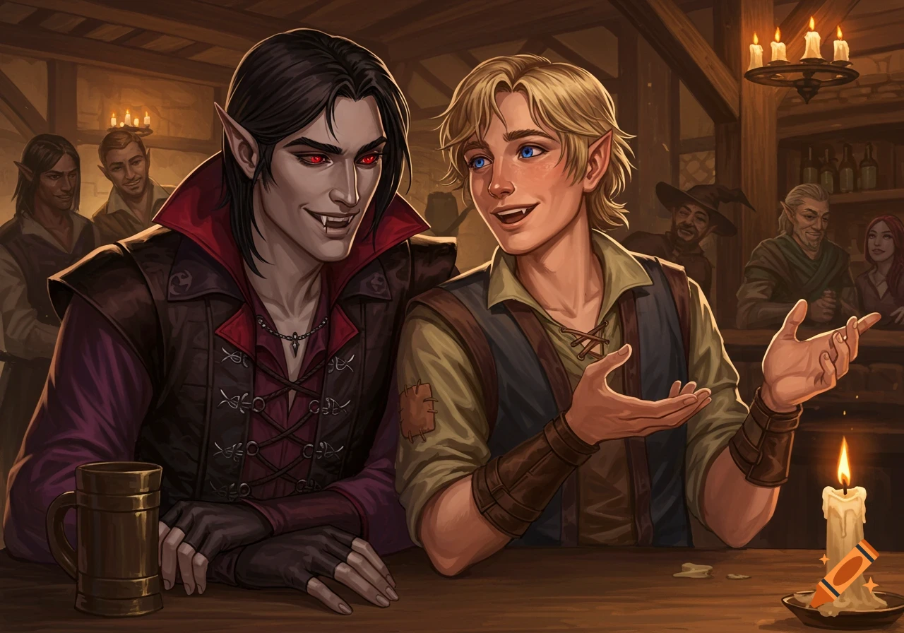 Two fantasy characters in a tavern.