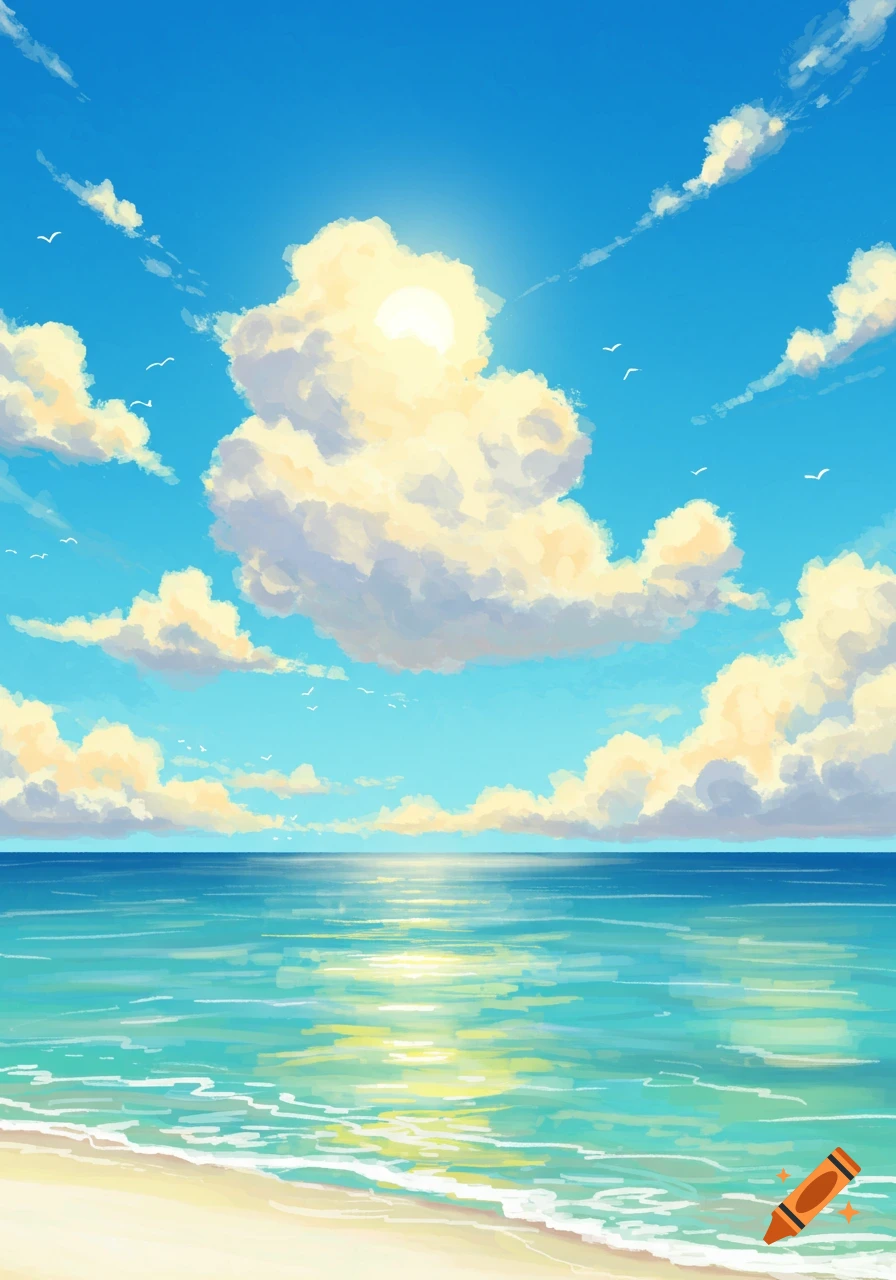 A sunny beach with blue water, sky, and clouds, with birds flying.