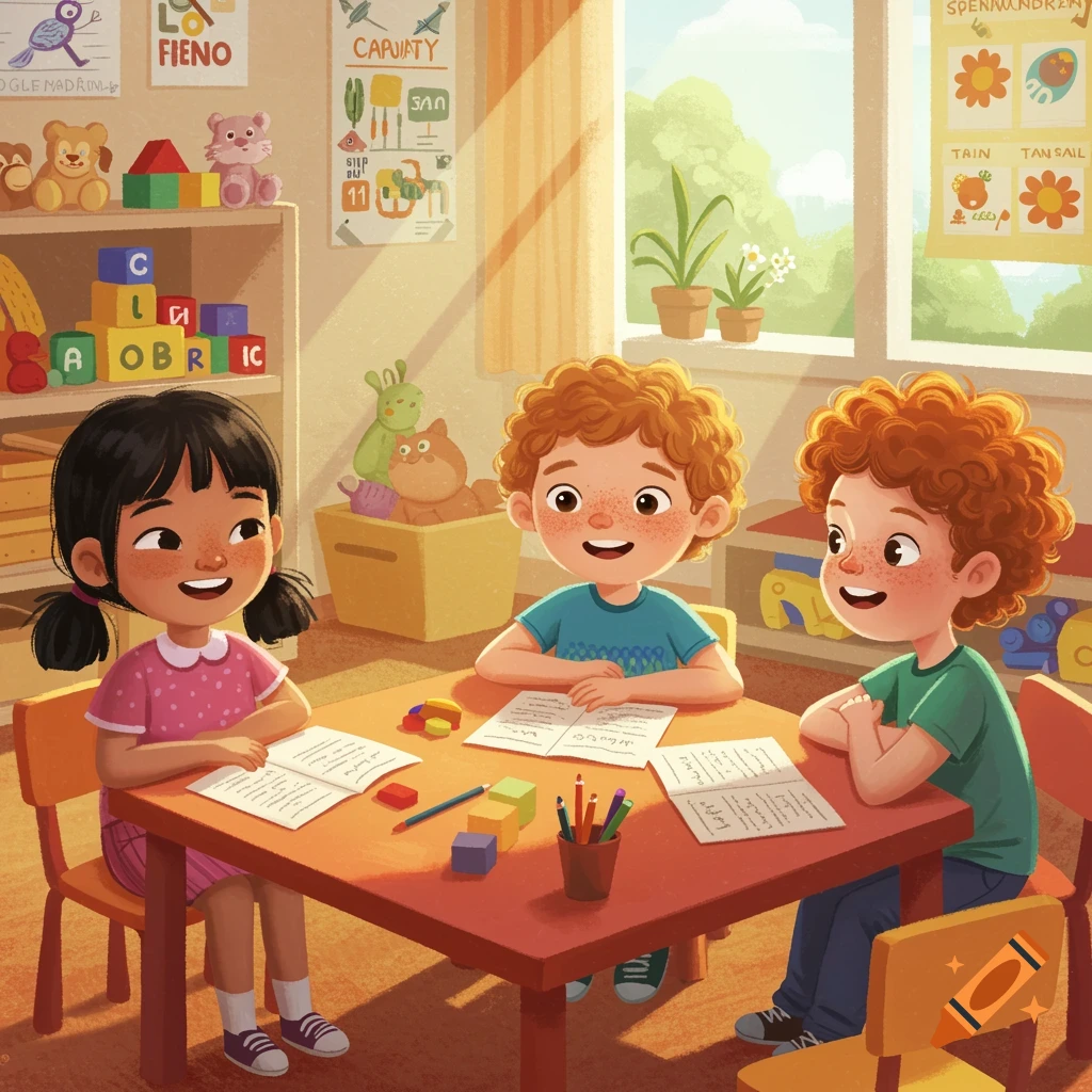 Three cartoon children writing at a table in a sunny classroom.