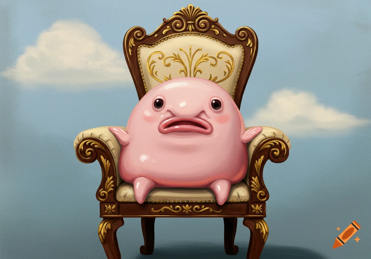 A pink blobfish creature sits on a gold ornate chair against a blue sky background.