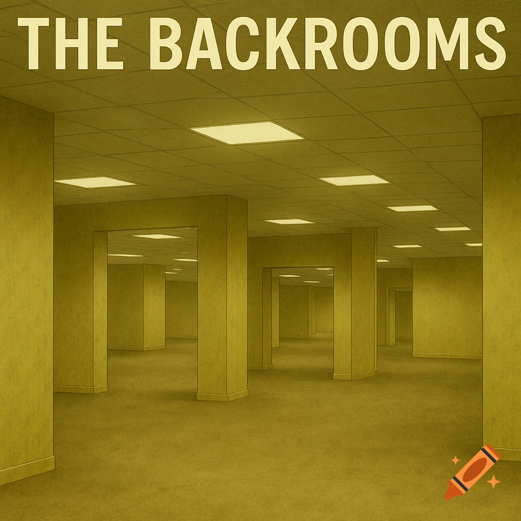 An empty, repetitive room with yellow walls, carpet, pillars, and fluorescent lights. Text at the top reads "THE BACKROOMS".