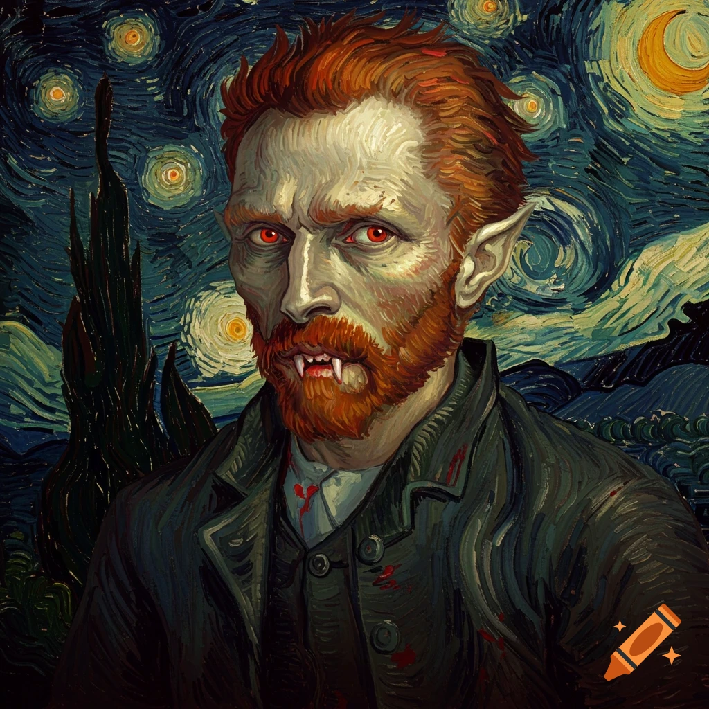 A portrait of a vampire resembling Van Gogh with red eyes and fangs, in the style of Starry Night.