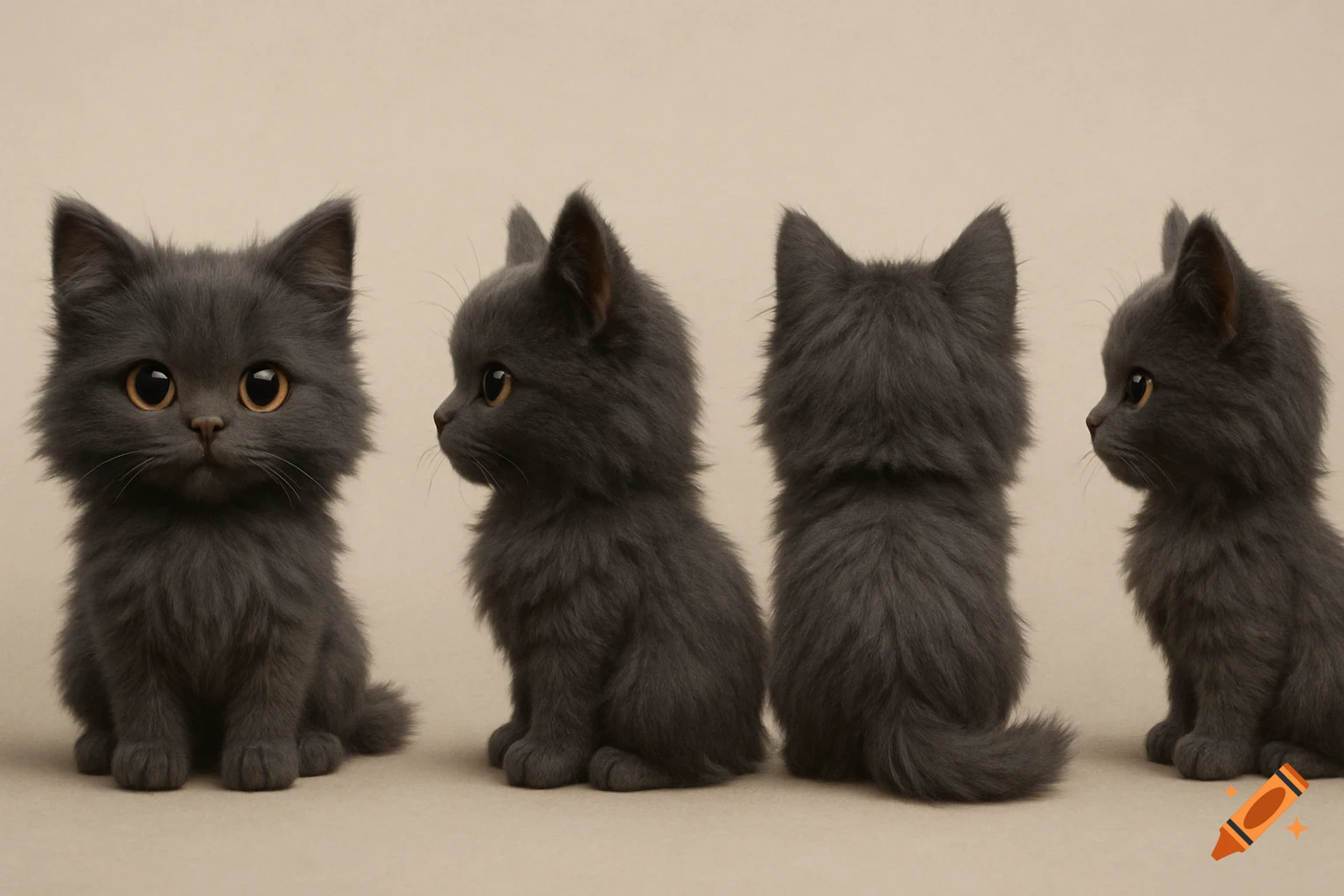 Character turnaround of a cute dark grey kitten