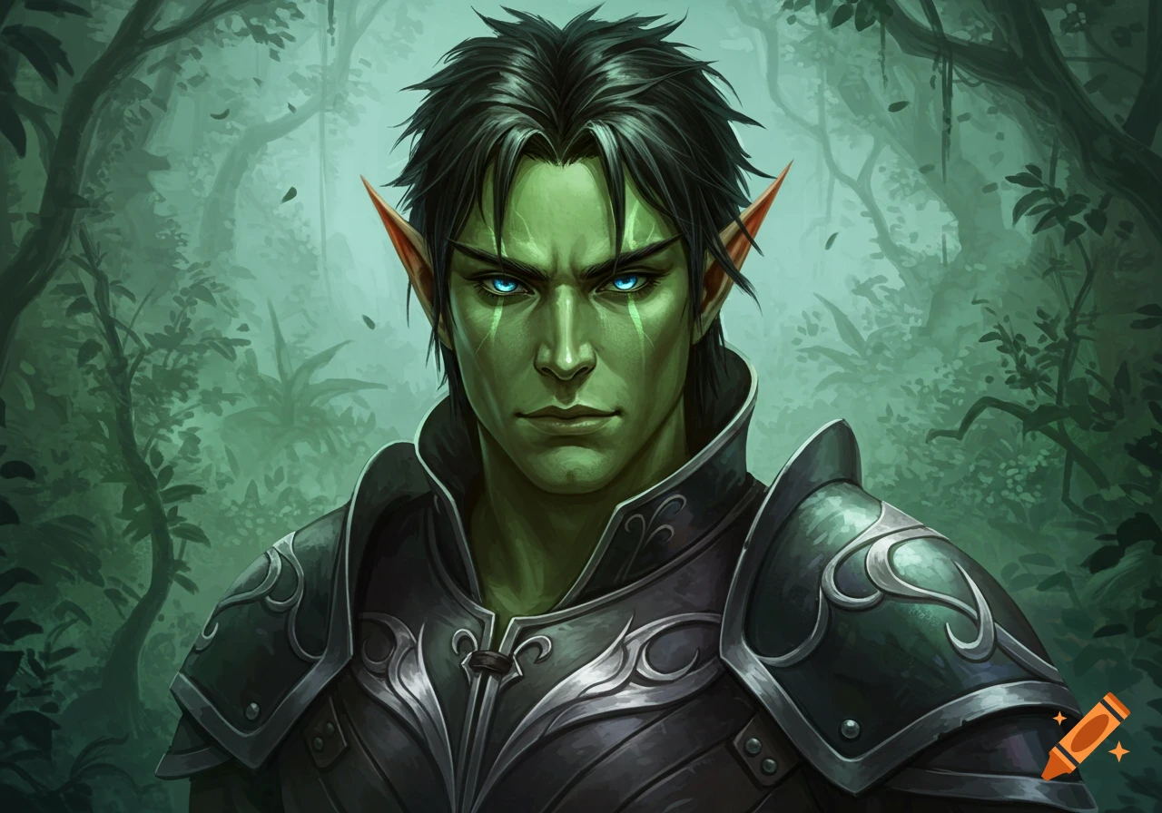 A green-skinned fantasy man with pointed ears wears armor and stands against a forest background.