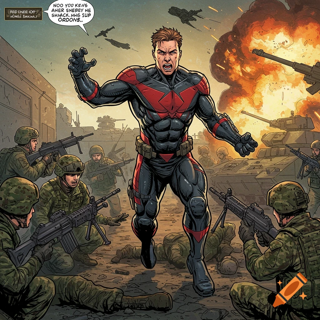 A superhero in black and red armor fights soldiers in a battle scene, comic book style.