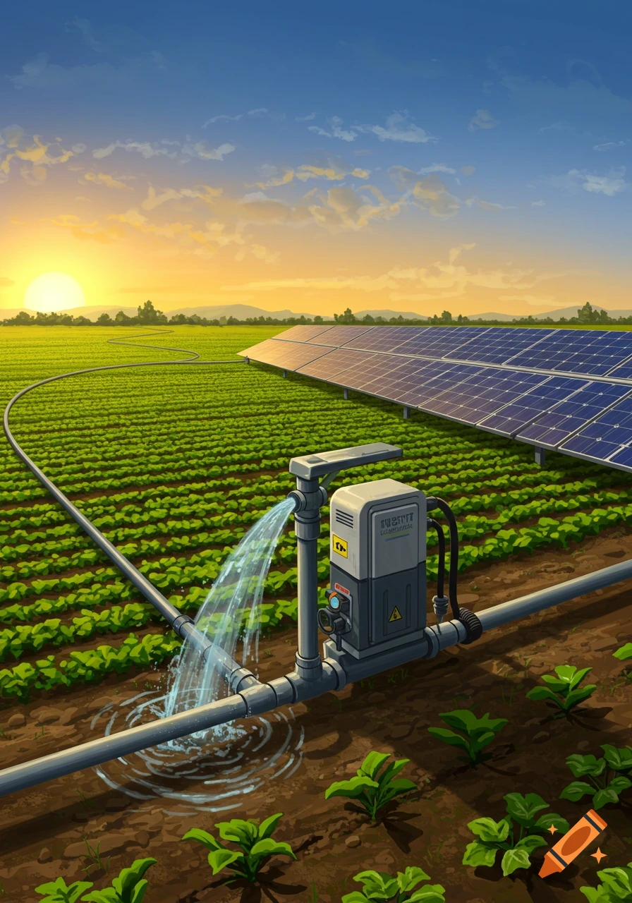 A solar-powered water pump irrigating a field of crops at sunset.