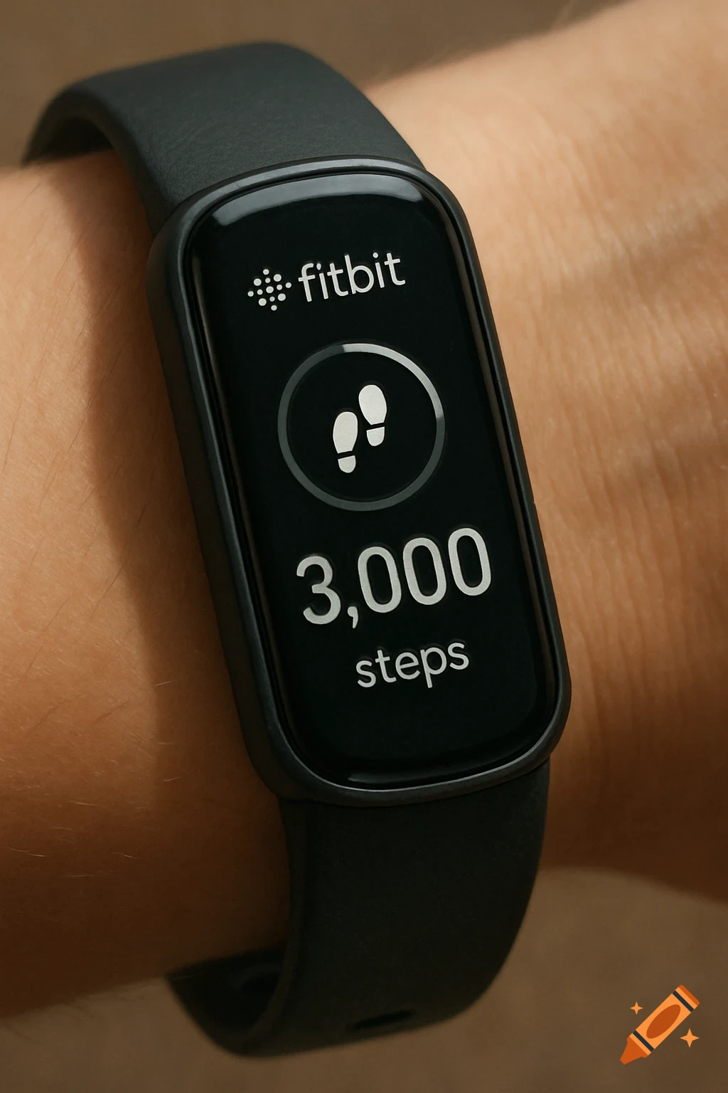 Close-up of a black Fitbit fitness tracker displaying '3,000 steps' on the screen.