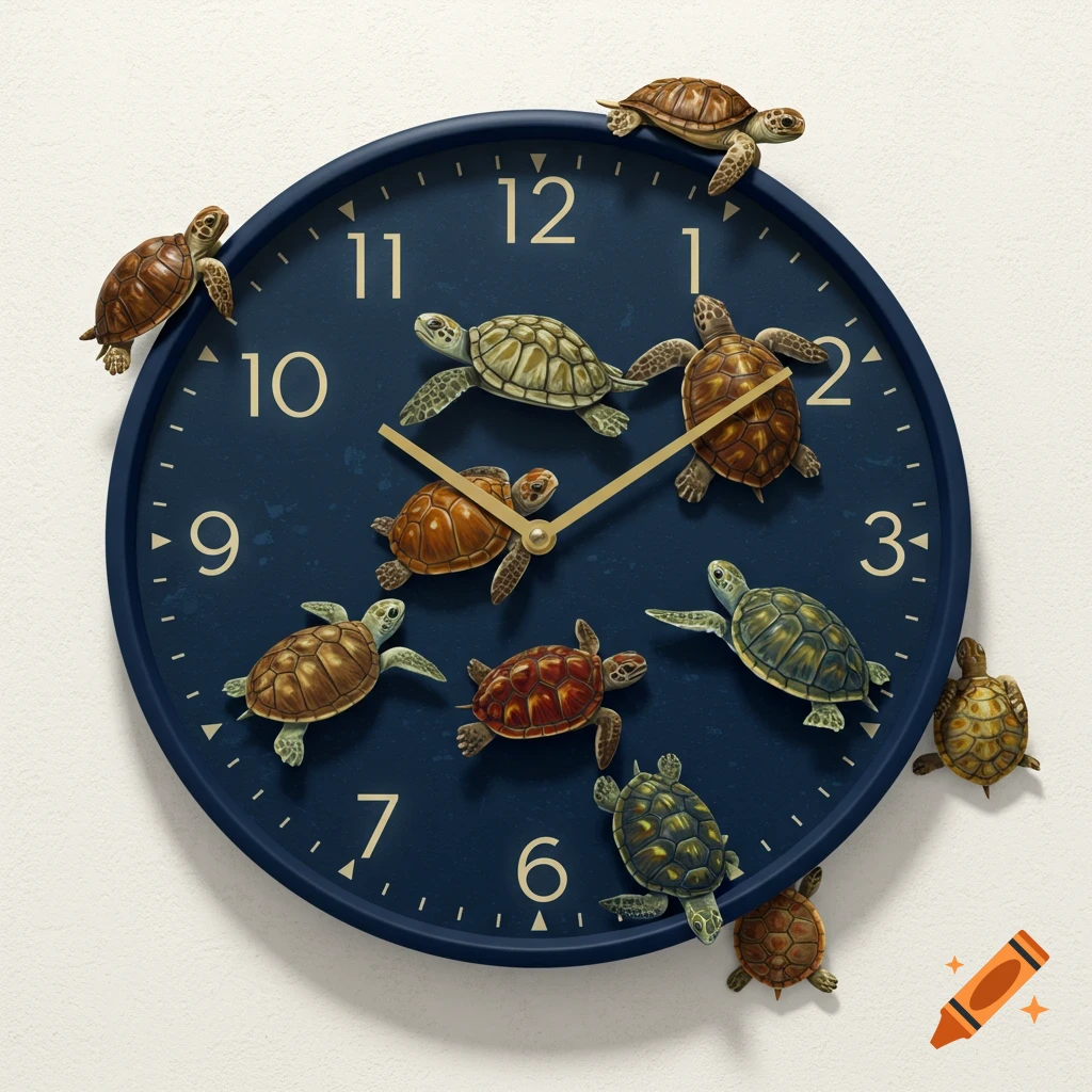 A blue wall clock with turtles serving as hour markings.