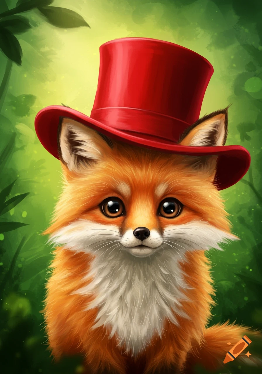 A cute fox in a red top hat poses in a forest.