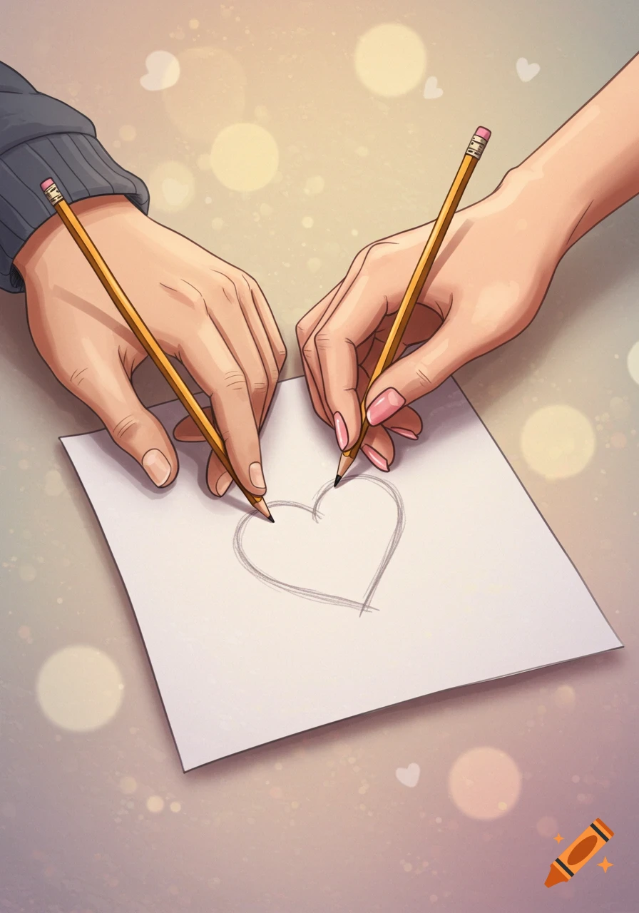 Two hands drawing a heart with pencils on paper, illustration