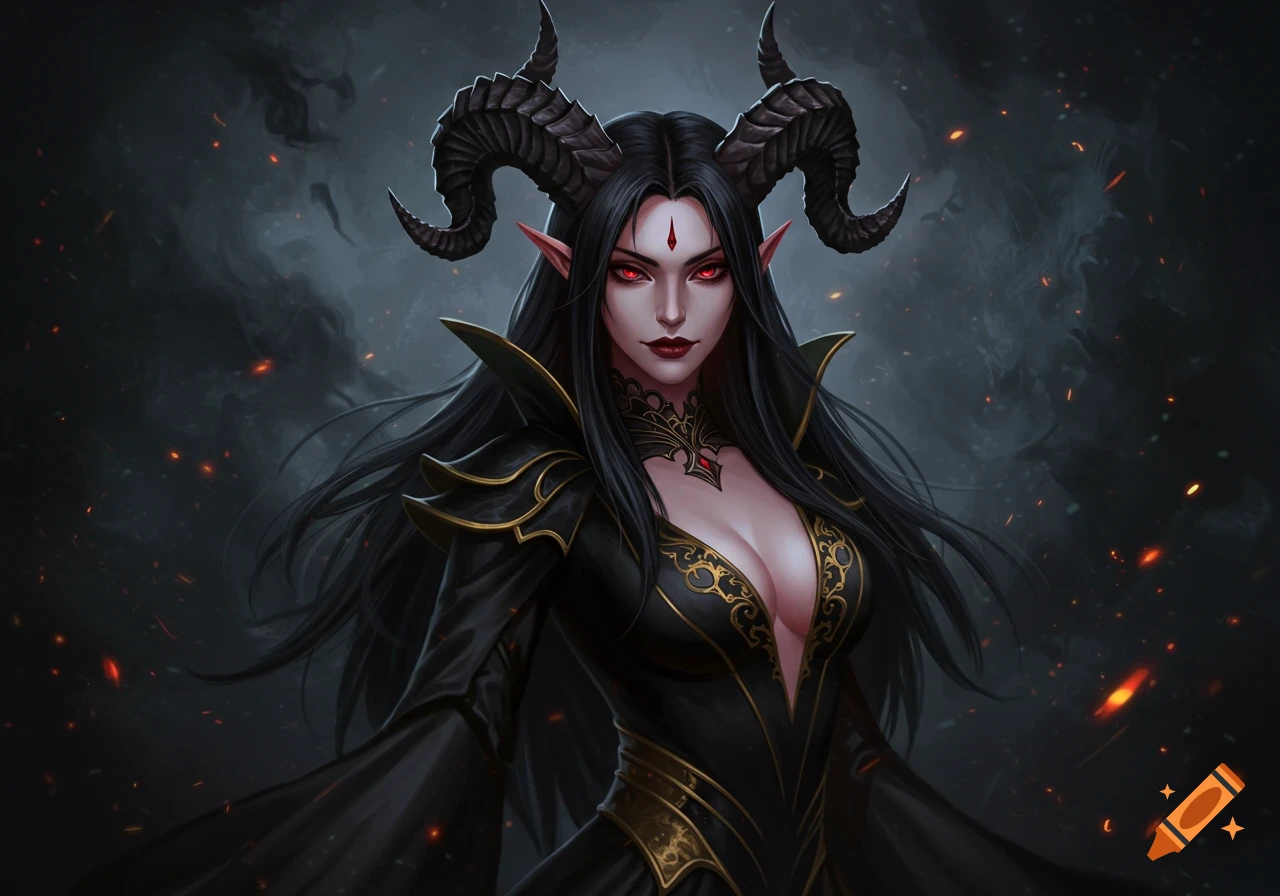 Demon woman with horns, red eyes, and long dark hair