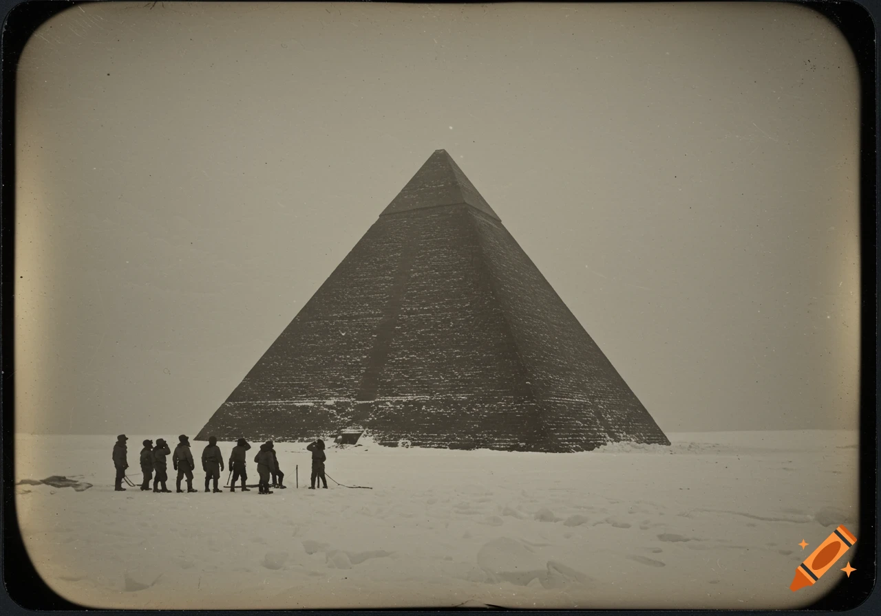 A 19th century photograph shows people standing near a large pyramid in a snowy landscape.