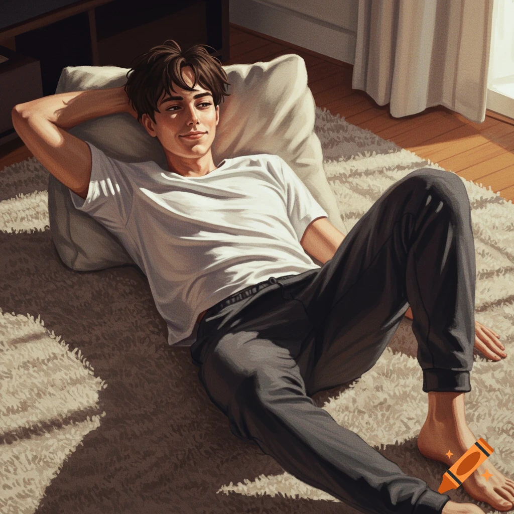 A young man lies on a rug in a sunlit room, leaning on a pillow.