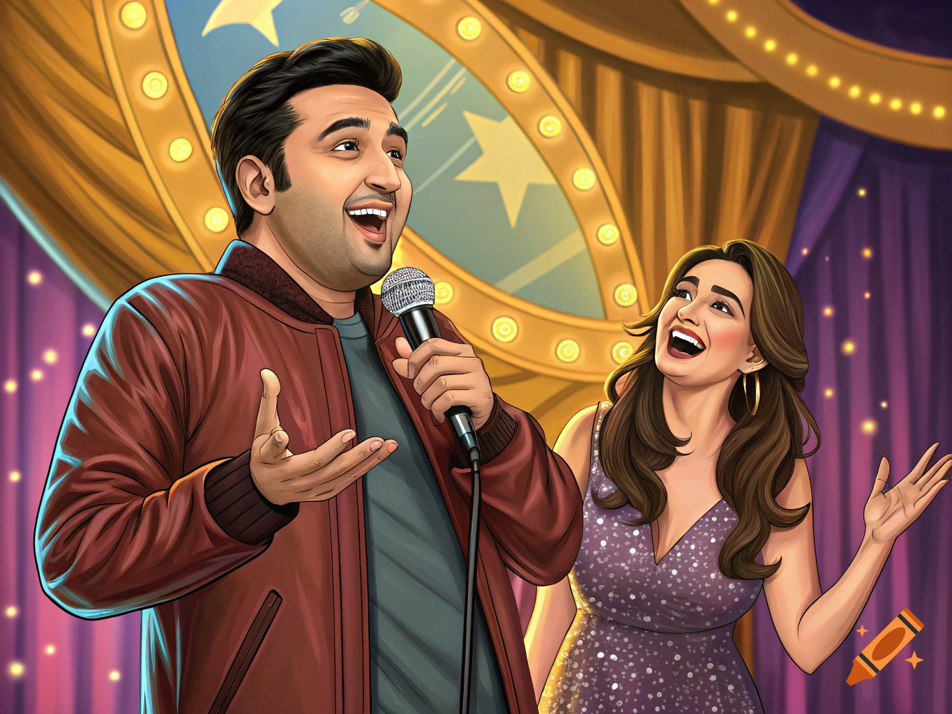 A stylized illustration of a male comedian speaking into a microphone while a female singer laughs on stage.