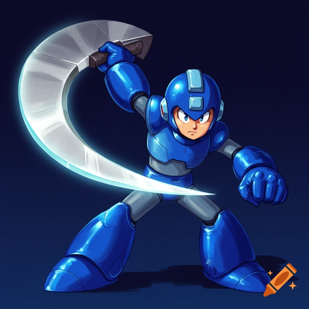 Mega Man in blue armor holding a large crescent metal blade.