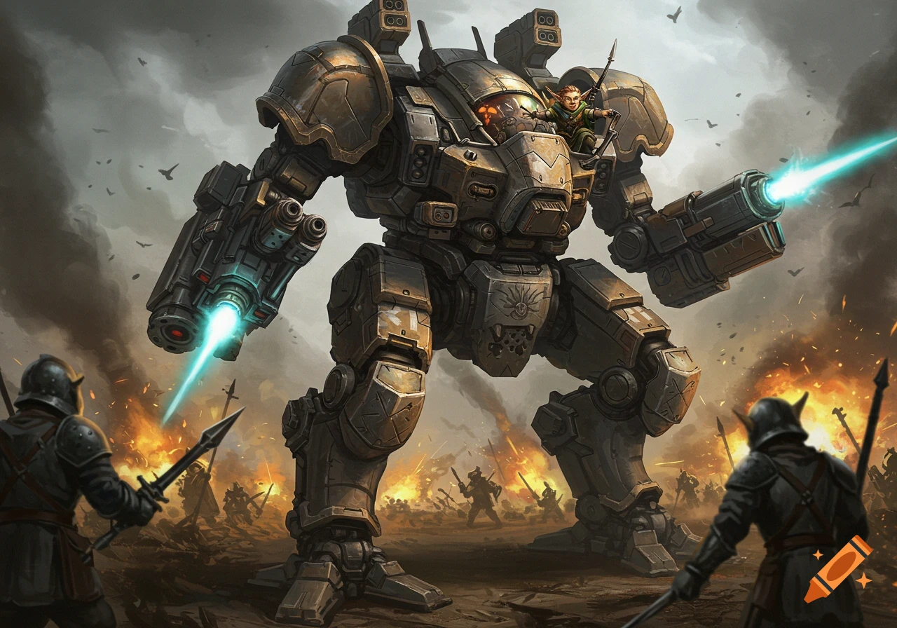 A mech piloted by a halfling is engaged in a fantasy battle scene, firing energy weapons.