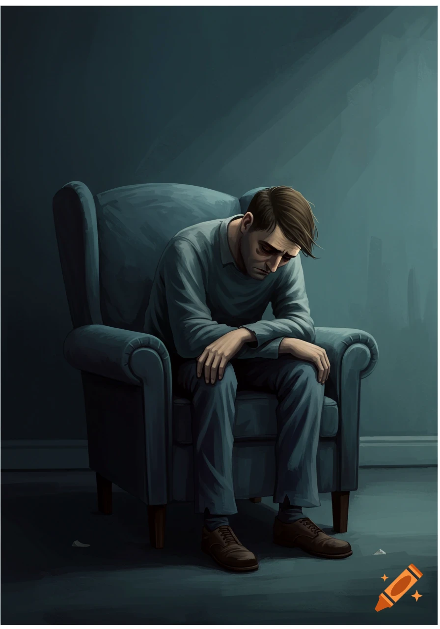 A depressed man sits alone in a chair.