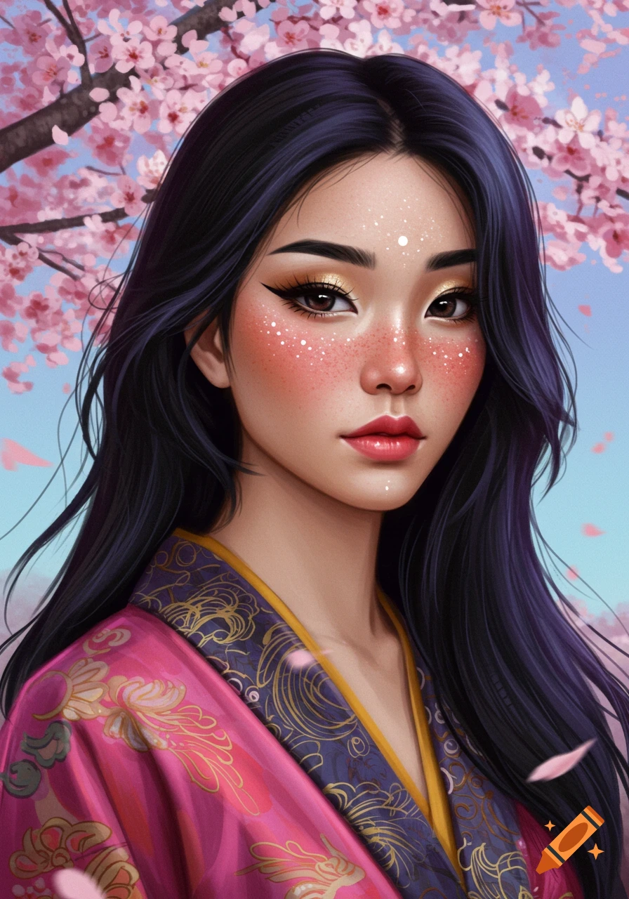 A woman in traditional clothing with cherry blossoms.