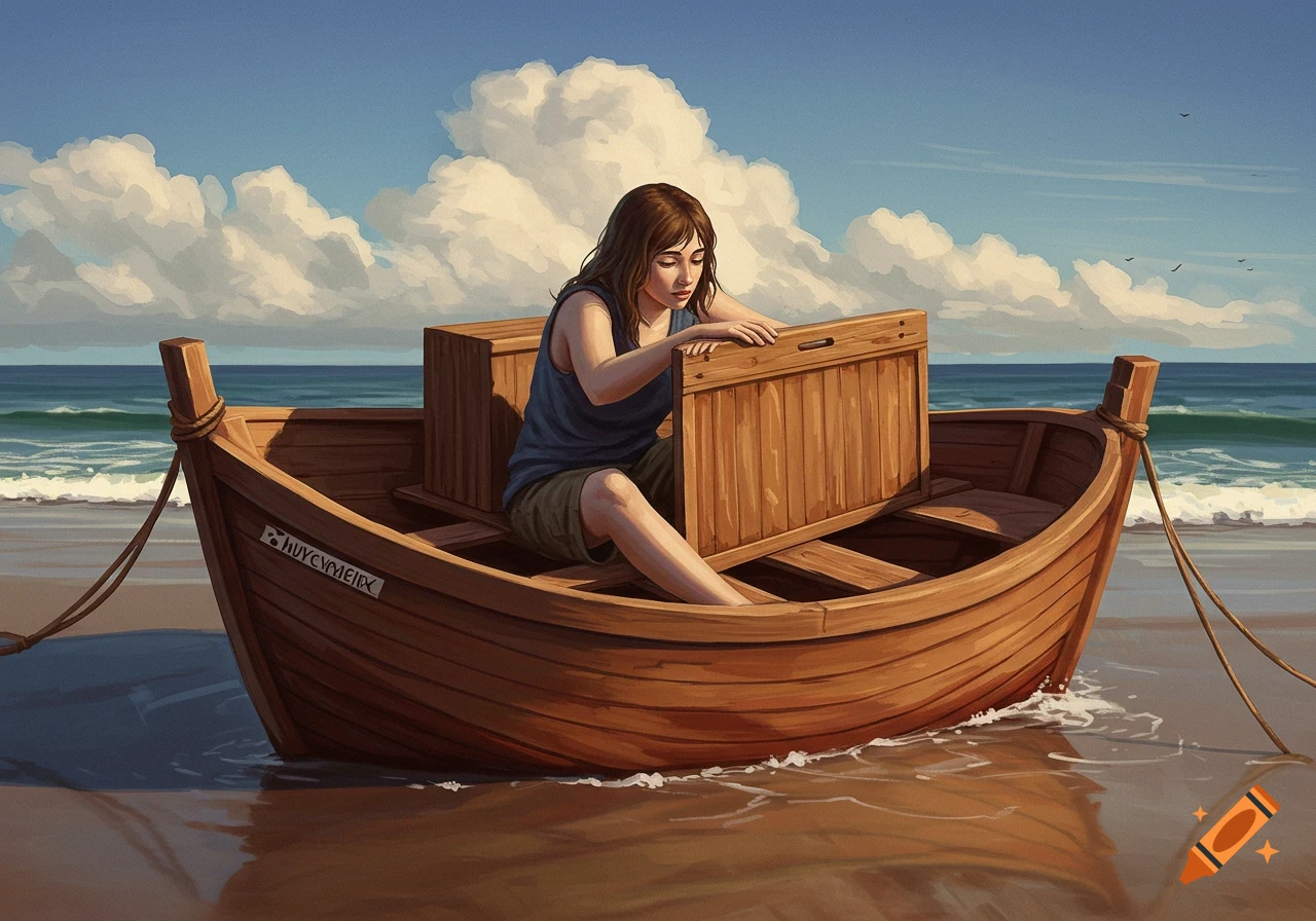 A woman sits in a wooden boat on a beach.