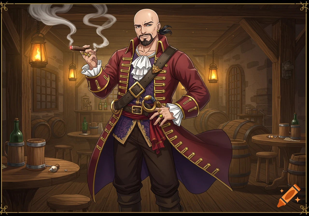 Anime illustration of a bald pirate smoking a cigar in a tavern.