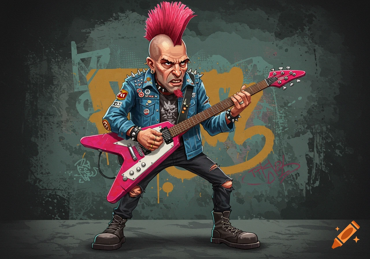 Cartoon punk rocker with pink mohawk playing a pink V-shaped guitar in front of graffiti.