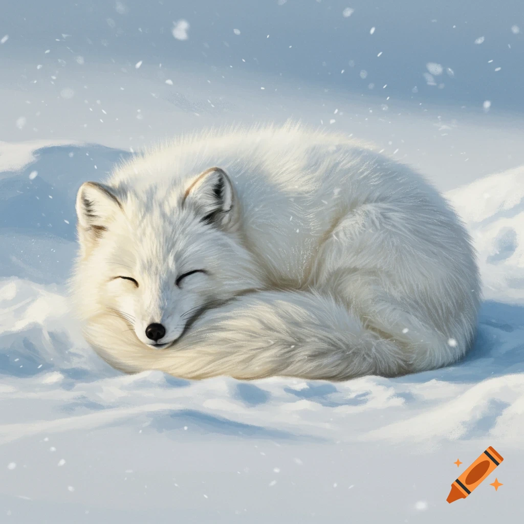 A white arctic fox curled up sleeping in the snow with snowfall.