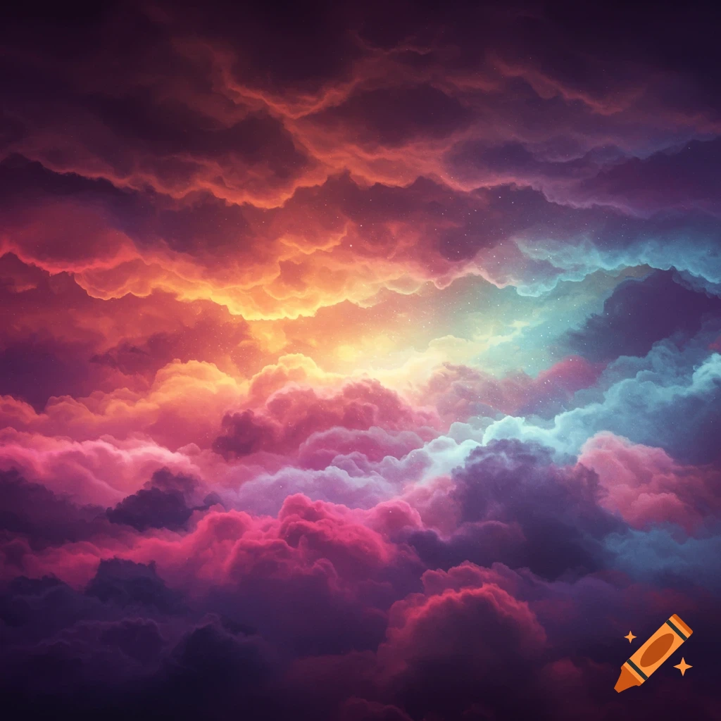 Colorful swirling clouds in shades of purple, pink, orange, and blue.