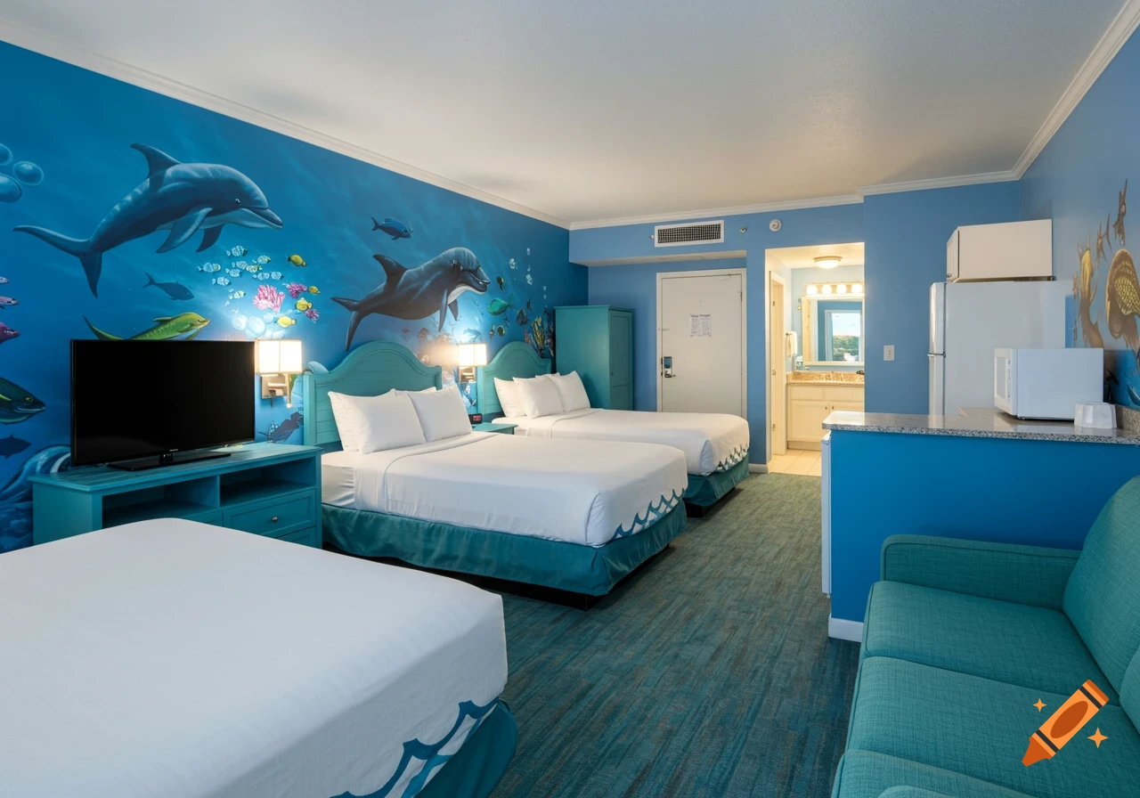 A hotel room with multiple beds, a TV, and kitchen area, featuring a large mural of dolphins and sea life on the wall.