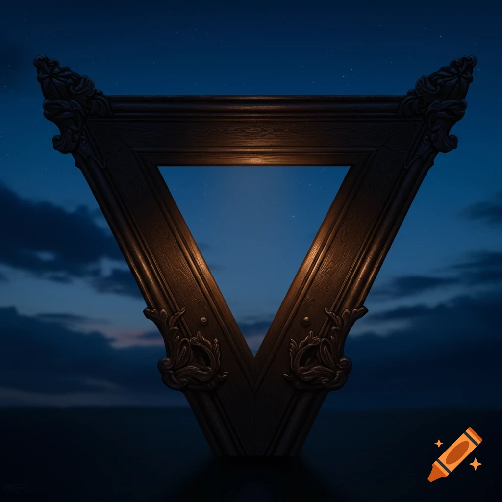 An ornate wooden V-shaped object against a starry night sky