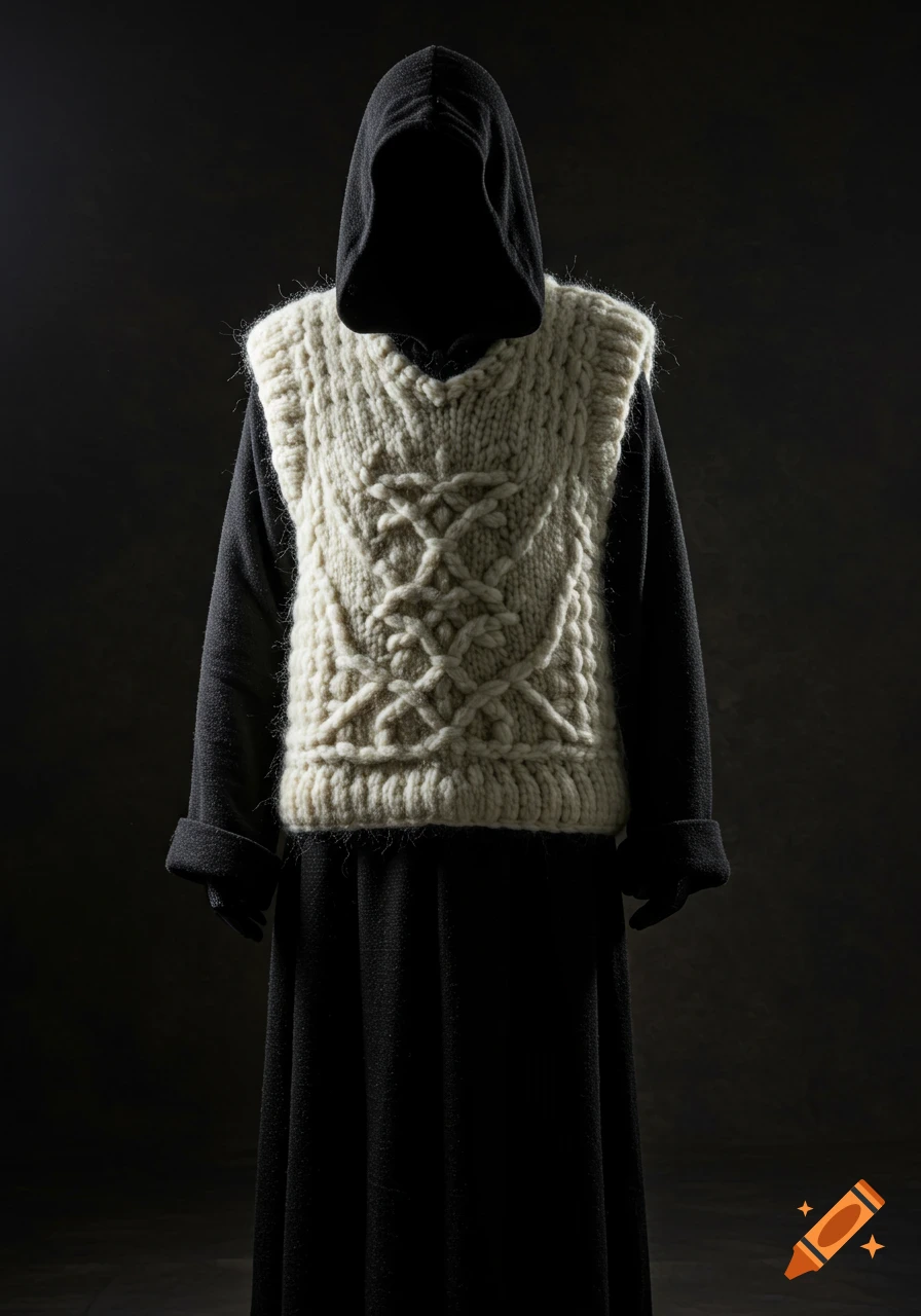 Figure in black hooded robe and white cable-knit vest against a dark background.