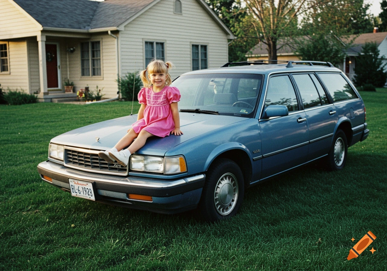 A young girl in a pink dress sits on the hood of a blue station wagon in a suburban yard, like a 1990s photo.