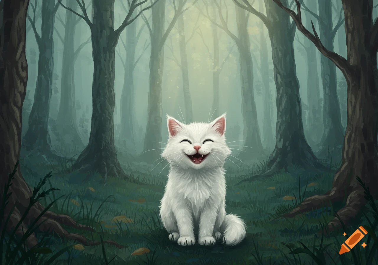A smiling white cat sits in a spooky forest.