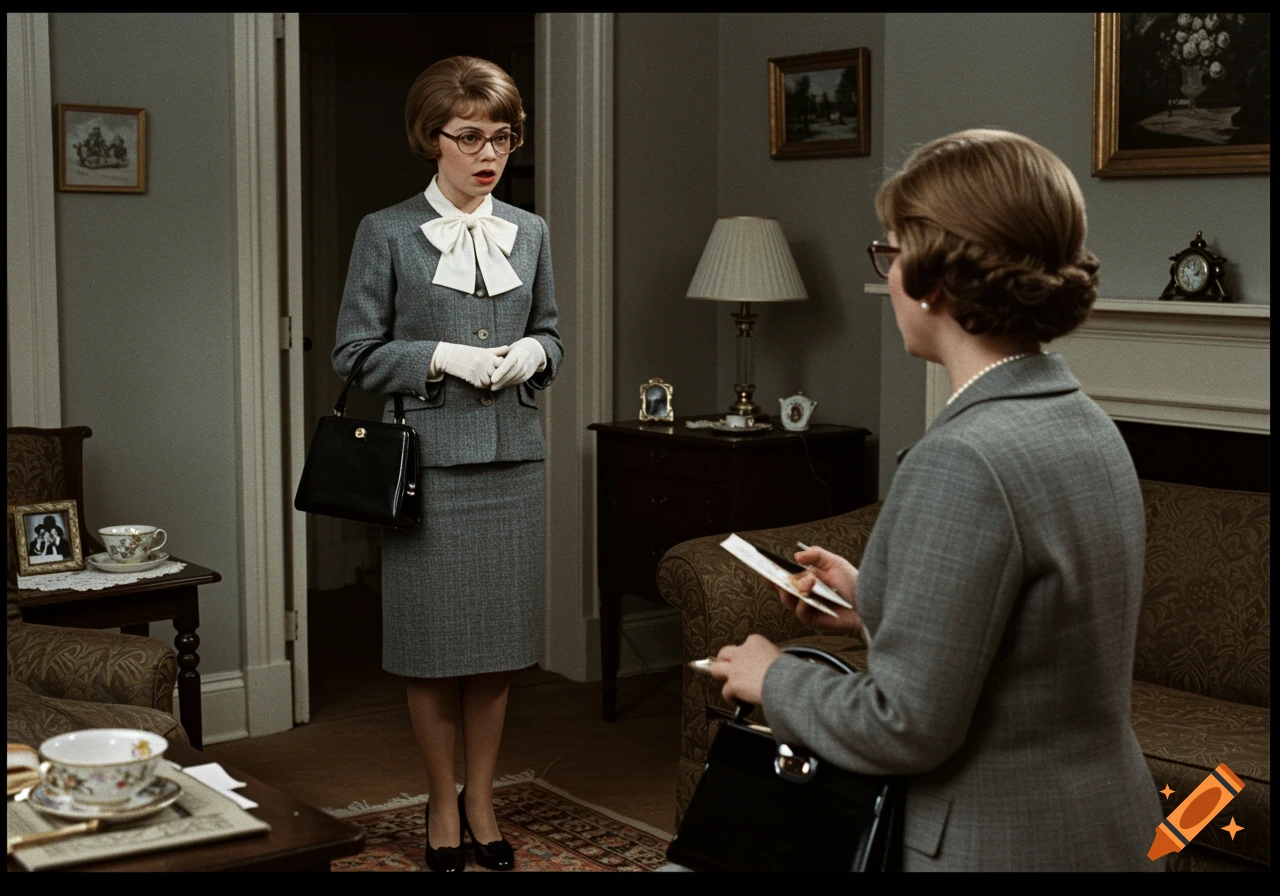 Two women in 1960s suits stand in a living room.