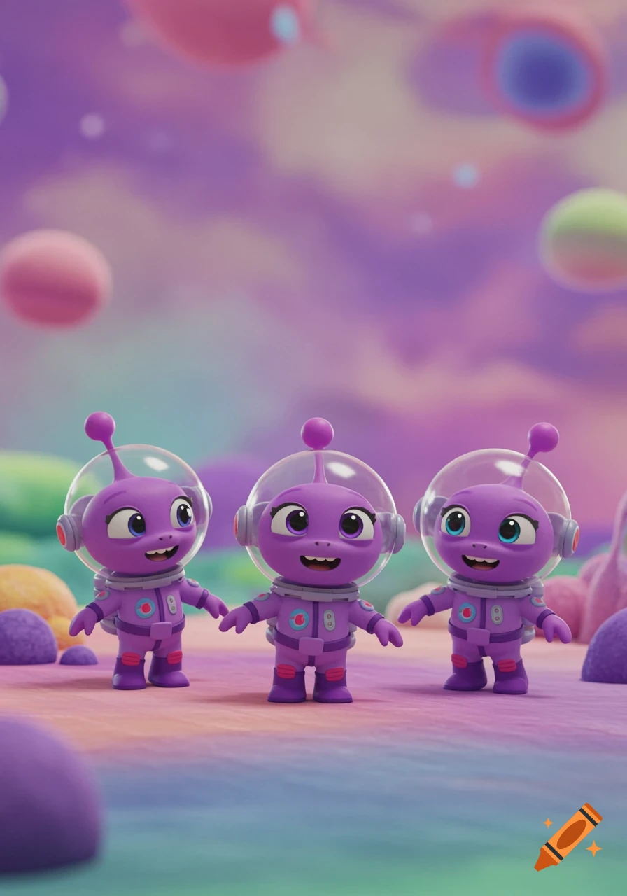 Three cartoon purple alien astronauts explore a colorful alien landscape.