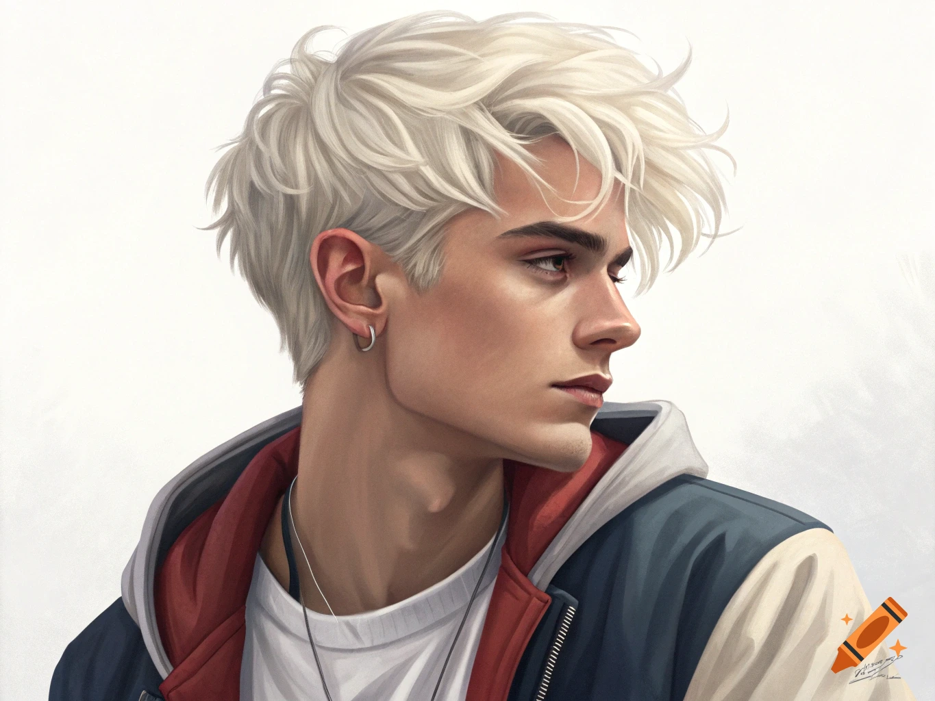 A portrait of a young man with platinum blonde hair.