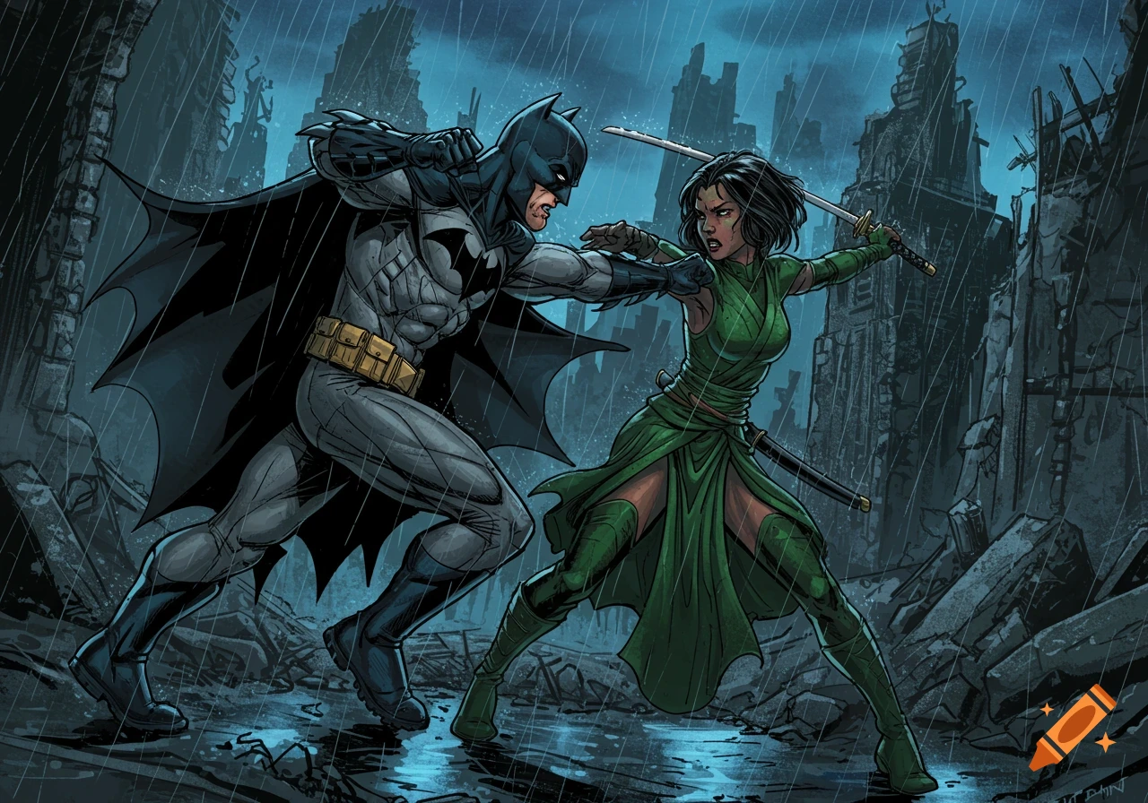Batman and Talia Al Ghul sword fighting in a rainy ruined city, comic book style