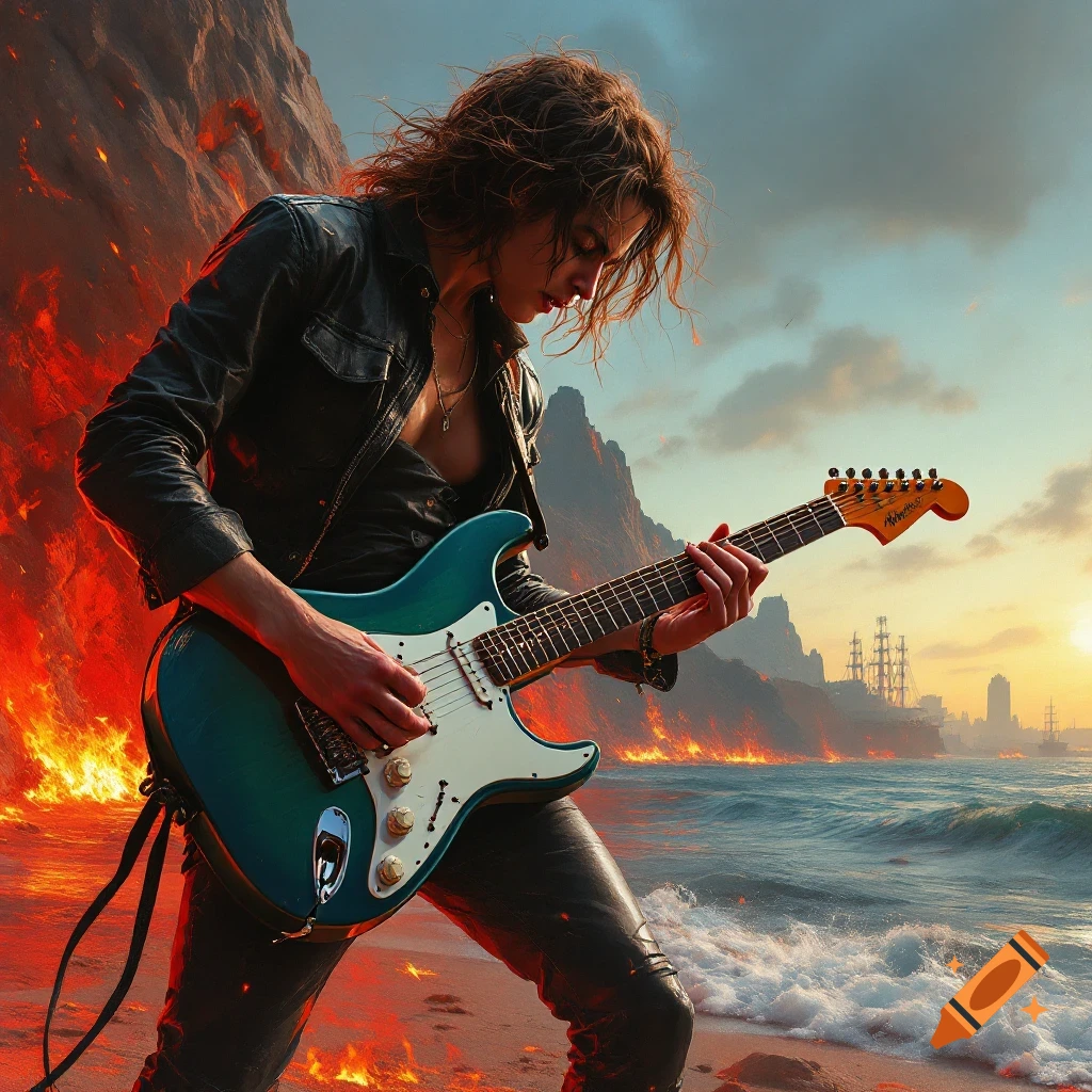 A figure playing an electric guitar on a beach with fire behind them and a harbor in the distance.