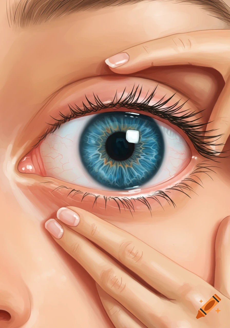 A close-up of a blue eye with hands gently holding it open.