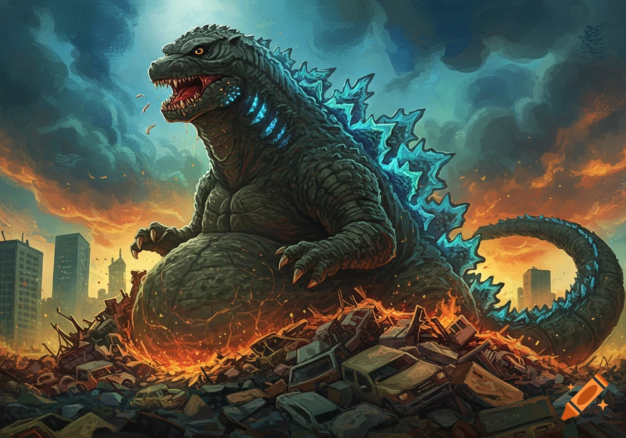 A massive creature resembling Godzilla stands over a city in ruins, engulfed in flames.
