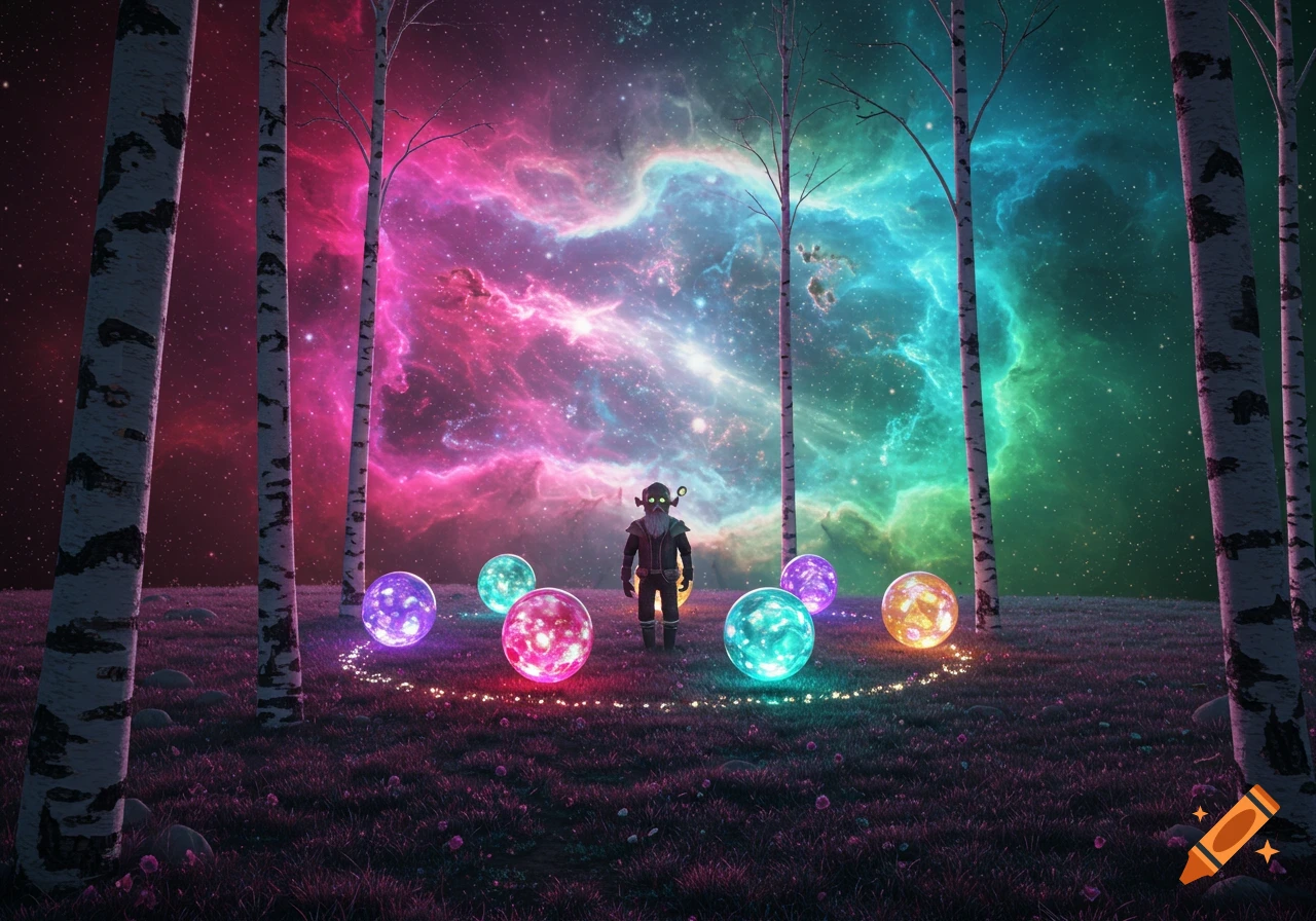 A figure stands among glowing orbs in a birch forest under a vibrant pink and blue cosmic sky.