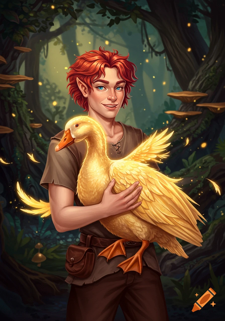 A red-haired person with elf ears holds a golden goose in a magical forest.