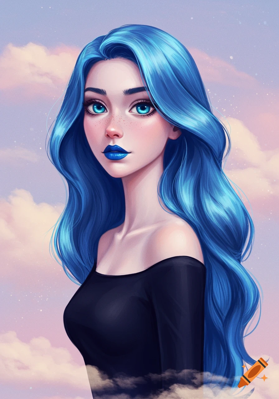A woman with bright blue hair and lips wears a black off-shoulder top against a cloudy sky.