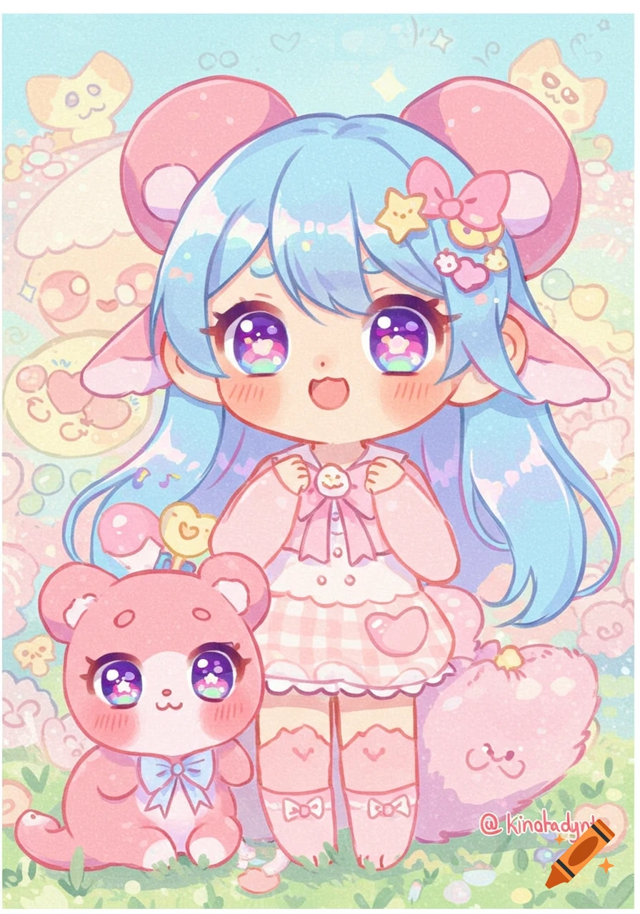 Cute anime girl with mouse ears sits with a pink teddy bear in a bright, colorful style.
