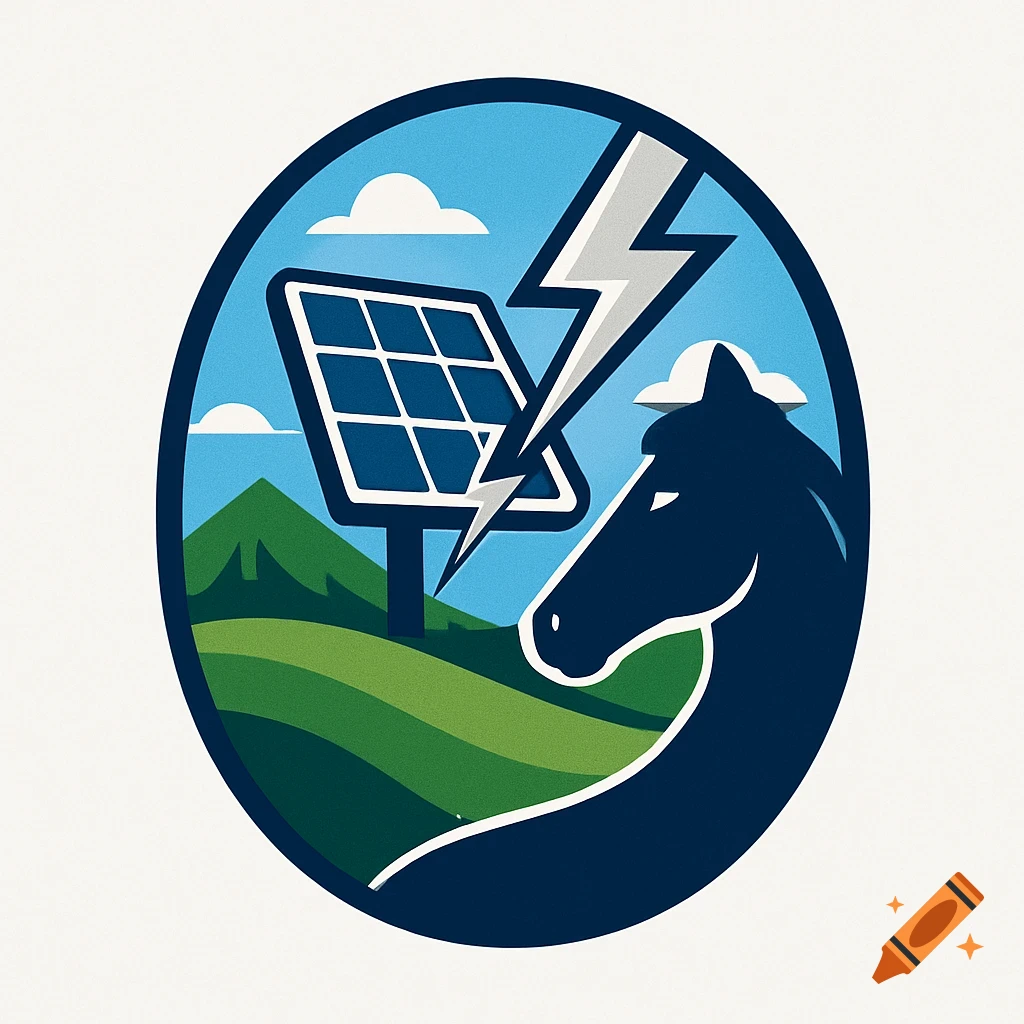 Modern oval logo with a solar panel, lightning bolt, horse head, and green landscape.