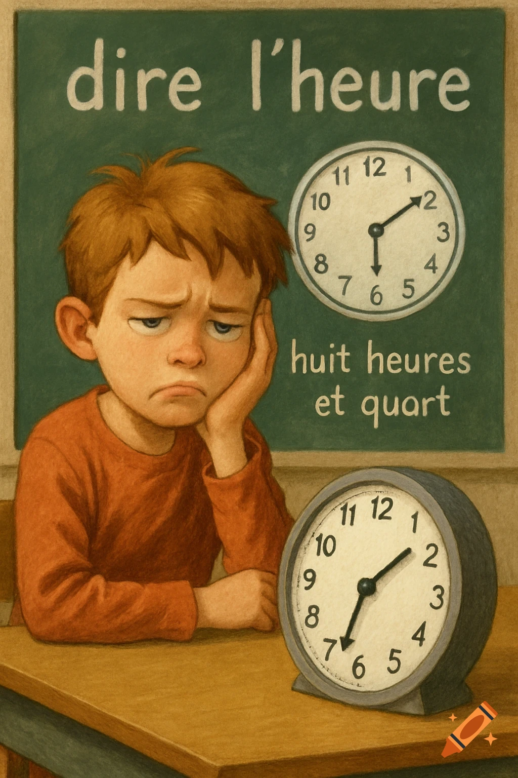Image of a bored boy in a classroom learning to tell time from clocks and French text on a blackboard.
