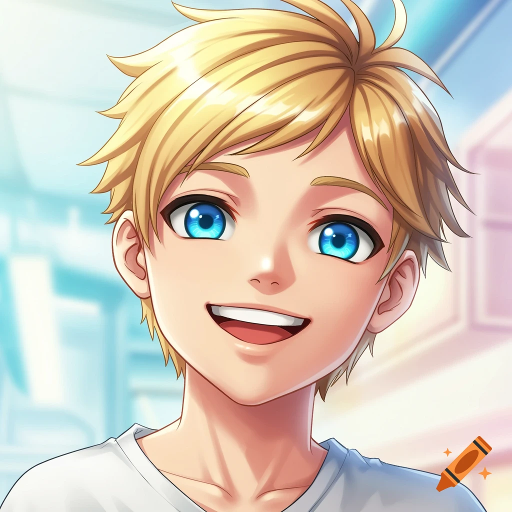 Close-up portrait of a smiling blonde anime boy with blue eyes.